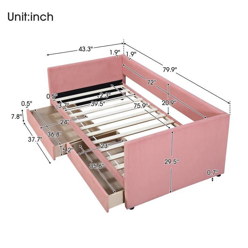Elegant Twin Corduroy Daybed with Drawers, Sturdy Plywood Frame, Upholstered Tufted Headboard, Ideal for Small Spaces