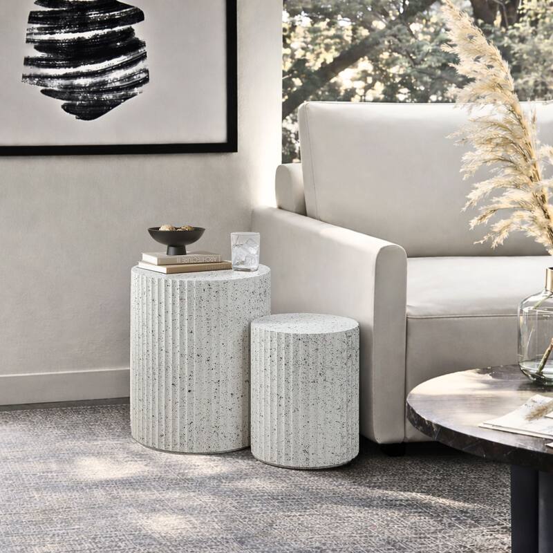 2-Piece White with Gray Flecks Manufactured Wood Nesting Side Table Set - 19.49" H; 14.57" H