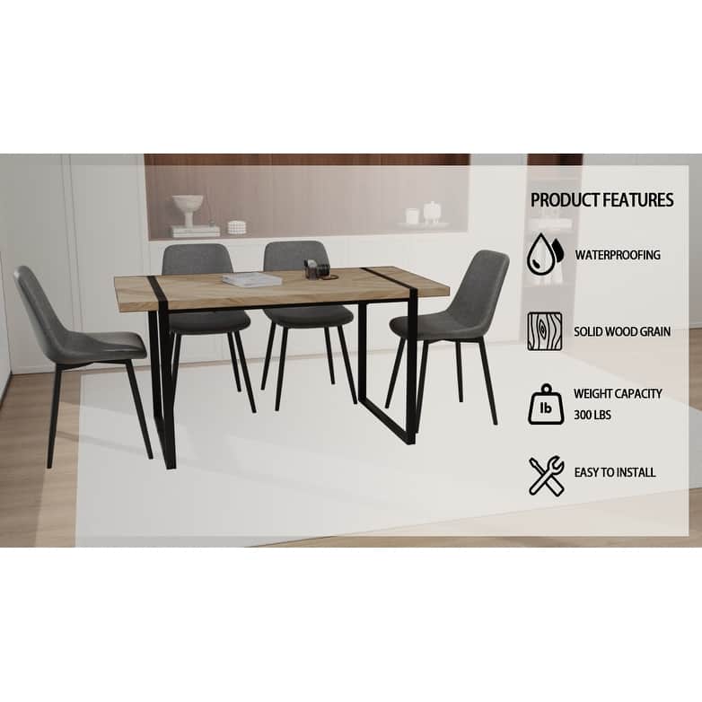 Modern 5-Piece Dining Set with Light Wood Rectangular Metal Base Table & 4 Square Corner Suede Chairs
