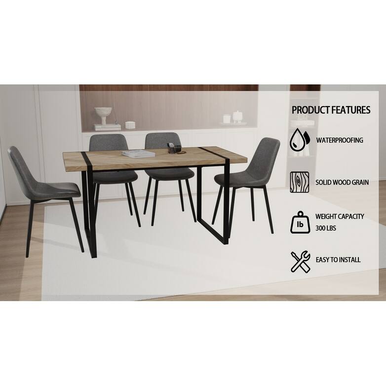 Modern Style 5-Piece Dining Set with Light Wood Rectangular Metal Base Table and 4 Square Corner Suede Dining Chairs
