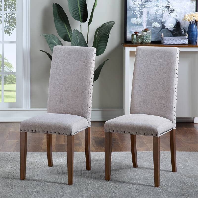 Linen Dining Chairs with Copper Nails (Set of 2)