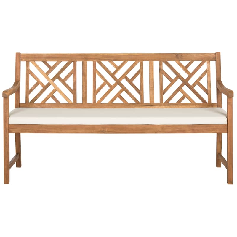 SAFAVIEH Outdoor Genara Solid Wood 3-Seat Bench with Cushion - 23Wx61Dx35H
