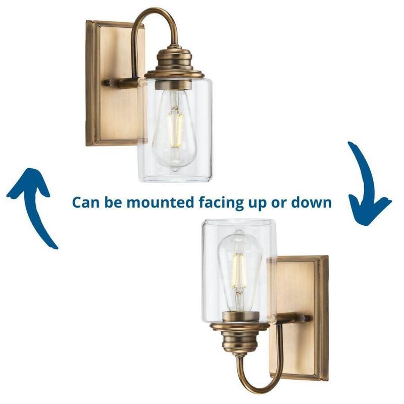 Aiken Collection One-Light Vintage Style Brass Clear Glass Farmhouse Style Bath Vanity Wall Light - 4.5 in x 7 in x 9.875 in - 4.5 in x 7 in x 9.875 in