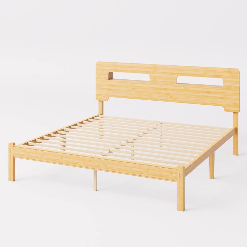 14" Heavy Duty Bamboo & Metal Platform Bed Frame with Headboard