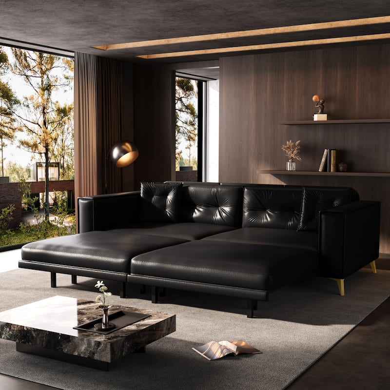 Oversized 3-in-1 Convertible Sofa Bed, 92.1" Faux Leather Square Arms Loveseat, Modern Pull-Out Sleeper Couch with Pillows