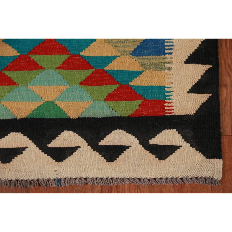 Hand Woven Oriental 100% Wool Carpet Southwestern Geometric Multi-Colored Kilim Runner Rug - 13' 0'' X 2' 8''
