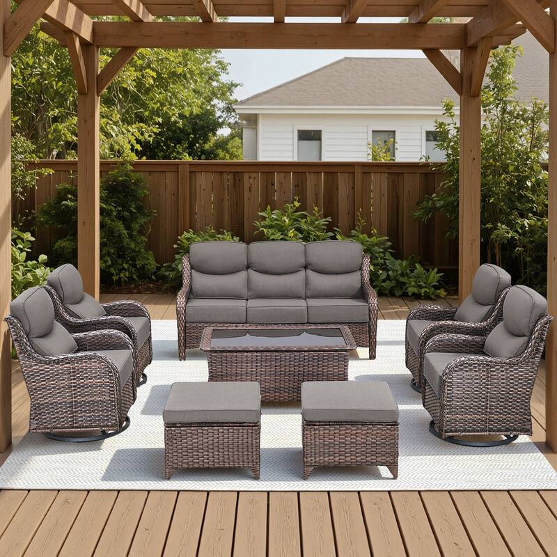 Arcadia 8-Piece Wicker Patio Conversation Set with Swivel Gliders and 6-Inch Thick Olefin Cushions - Gray Cushions - Brown Wicker
