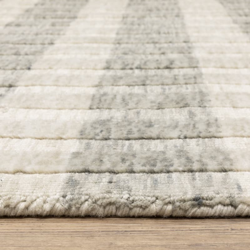 Thalia Scandinavian Textured Stripes Beige/ Grey PET Yarn Area Rug