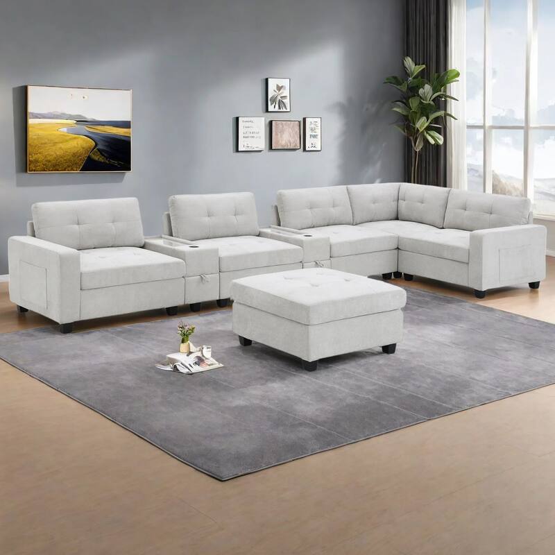 8-Piece Modular Chenille Sectional Sofa with Movable Ottoman, 2 Acrylic Top Consoles, Storage Drawers, Wireless & USB Charging