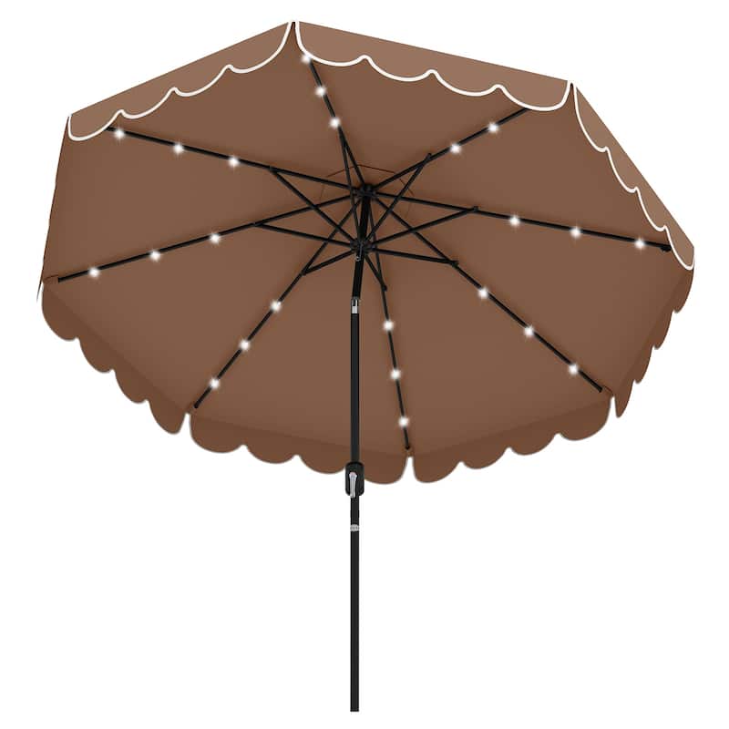 9.3 FT Outdoor Patio Polyester Umbrella with Solar LED Lights and Tilt Crank Metal Frame for Garden Deck - Coffee