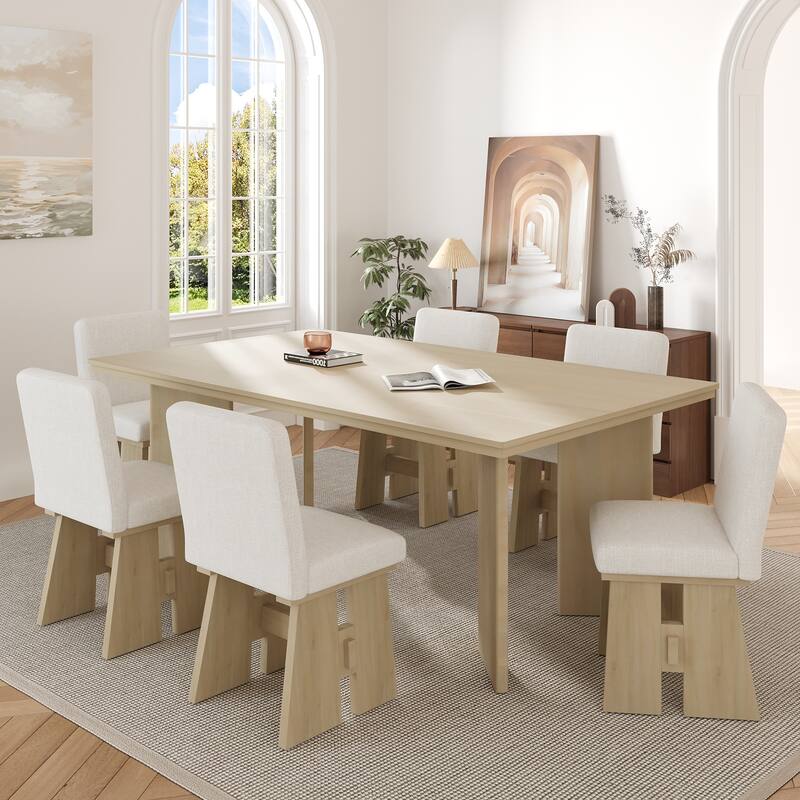 7-Piece Dining Table Set Kitchen Table Set with 6 Upholstered Dining Chairs, Table with 4 Flaky Legs, Tuck-Away Chairs