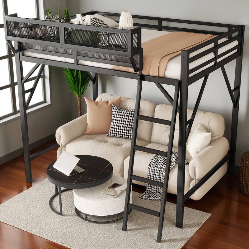 Full/Queen Size Metal Loft Bed with Storage Shelves, Guardrails, and Ladder, Space-Saving High Loft Bed for Kids and Teens