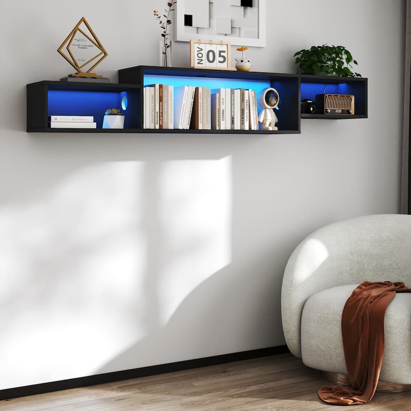 65.35-Inch Wall-Mounted Floating TV Stand – 20-Color RGB LED Backlighting & Built-in Wireless Charging Station