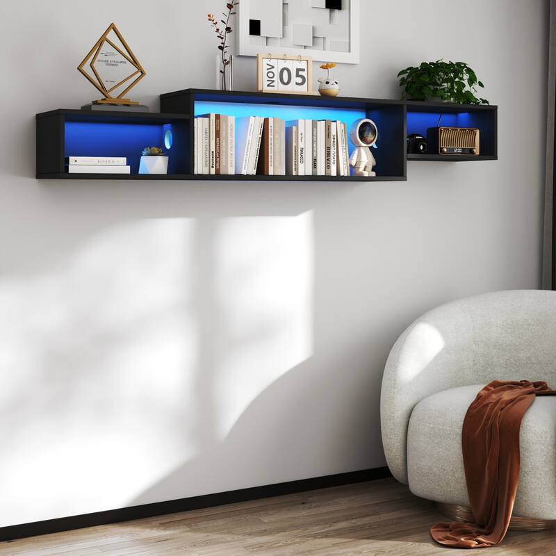 GDF Studio - Kate Modern 65.35" Wide Floating Wall-Mounted TV Stand with LED Lights and Charging Station