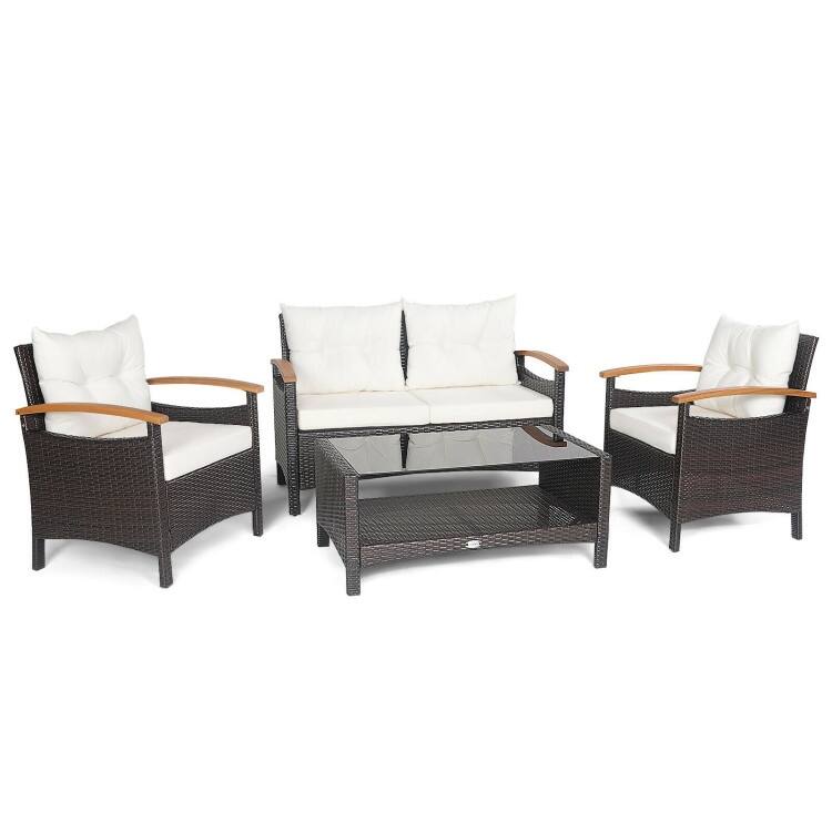 4 Pieces Patio Rattan Furniture Set with Cushioned Sofa and Storage Table - 46.5" x 23.5" x 30" (L x W x H)