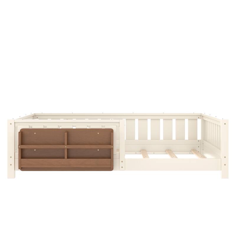Montessori Floor Bed Low Profile Kids Bed with Rails & Bookshelf
