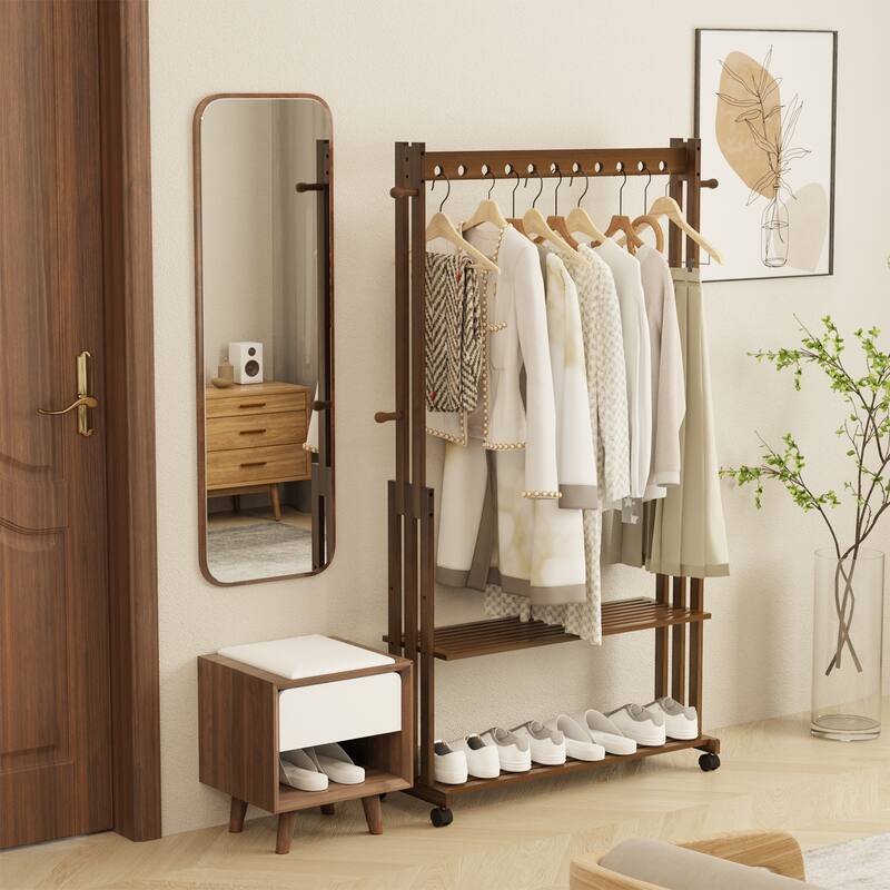 Bamboo Garment Rack Clothing Stand on Wheels with 2 Tier Storage
