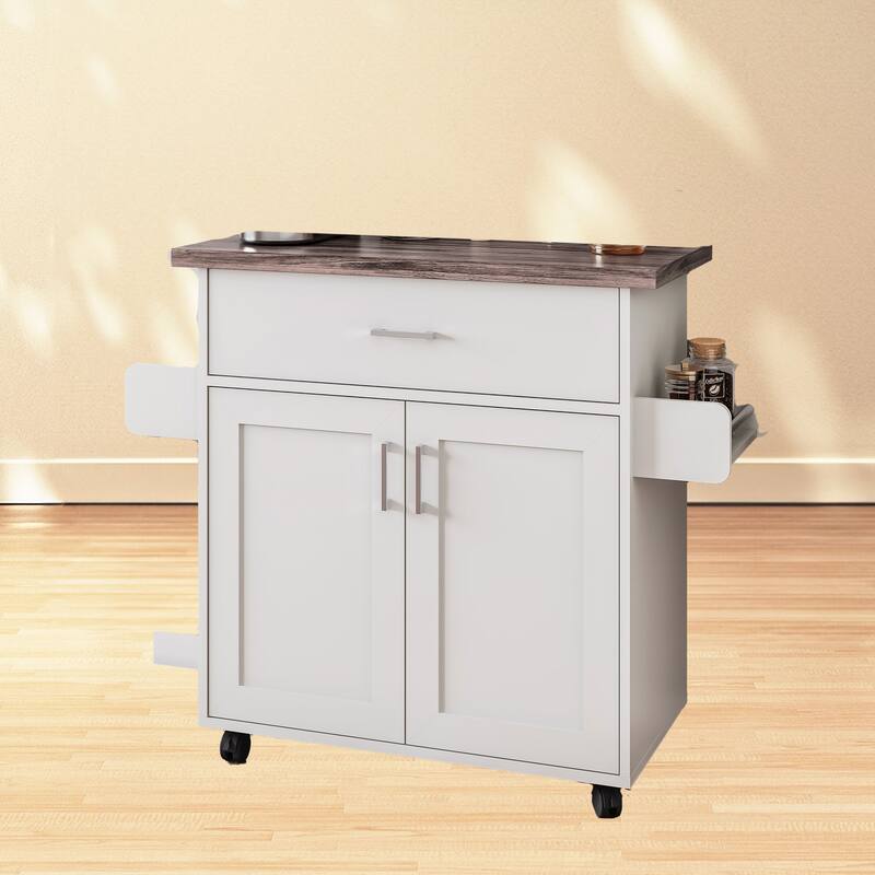 Rolling Kitchen Island Cart with Adjustable Shelves, Towel Rack, and Spice Rack - White