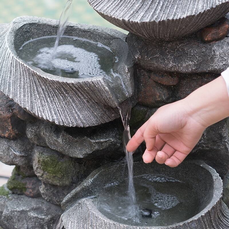19x15x31.5" Indoor Outdoor Stone Water Fountain, 4-Tier Polyresin Cascading Rock Bowl Freestanding Fountain with LED Light