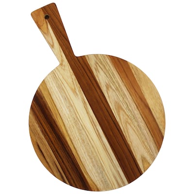 EcoDecors Round Teak Cutting Board 14" with Handle, FSC Certified Wood, Carving Board for Kitchen & Prep