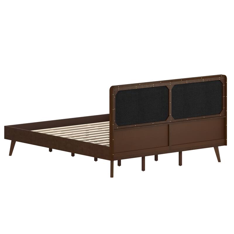 LUE BONA Solid Wood Panel Platform Bed with Button Tufted Headboard, Multi-Size wooden Rustic Bed Frame Bedroom Furniture