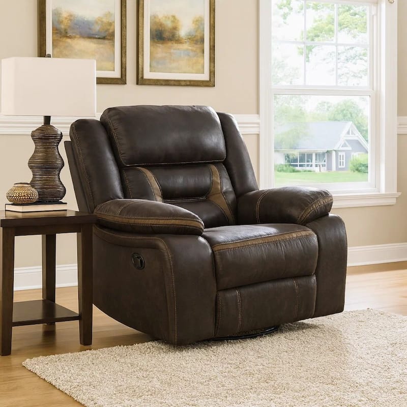 Jake 41 Inch Gliding Manual Recliner, Pillowtop, Dark Brown Faux Leather