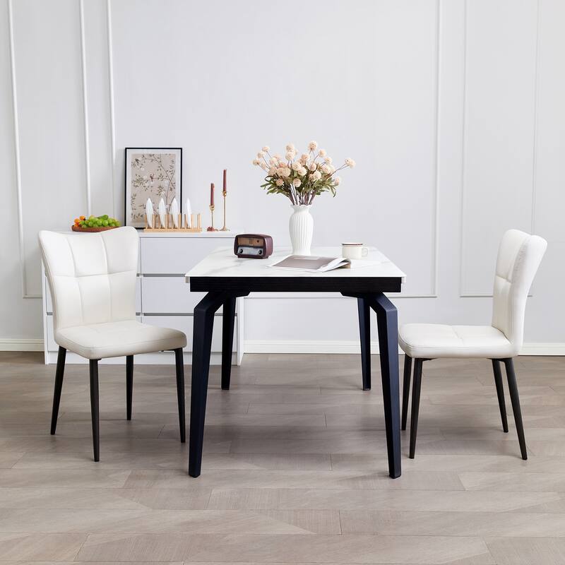 Set of 2 Side Chair Vanity Chair Office Chair Black White Leather Upholstered Dining Chair with Iron Legs