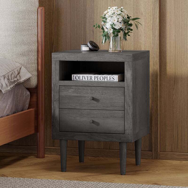 Mid-Century Nightstand with Splayed Legs and Dual Drawers