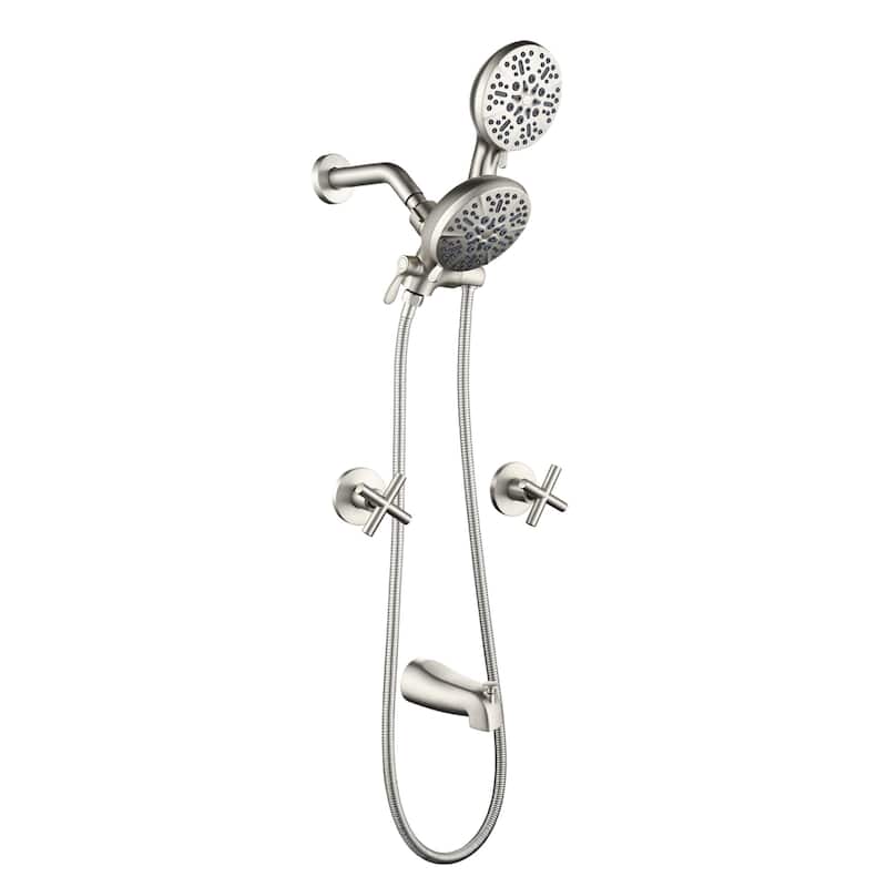Wall Mount Tub and Shower Faucet with Hand Shower Brass Dual Head Complete Wall Mounted Shower System with Valve - Brushed Nickel