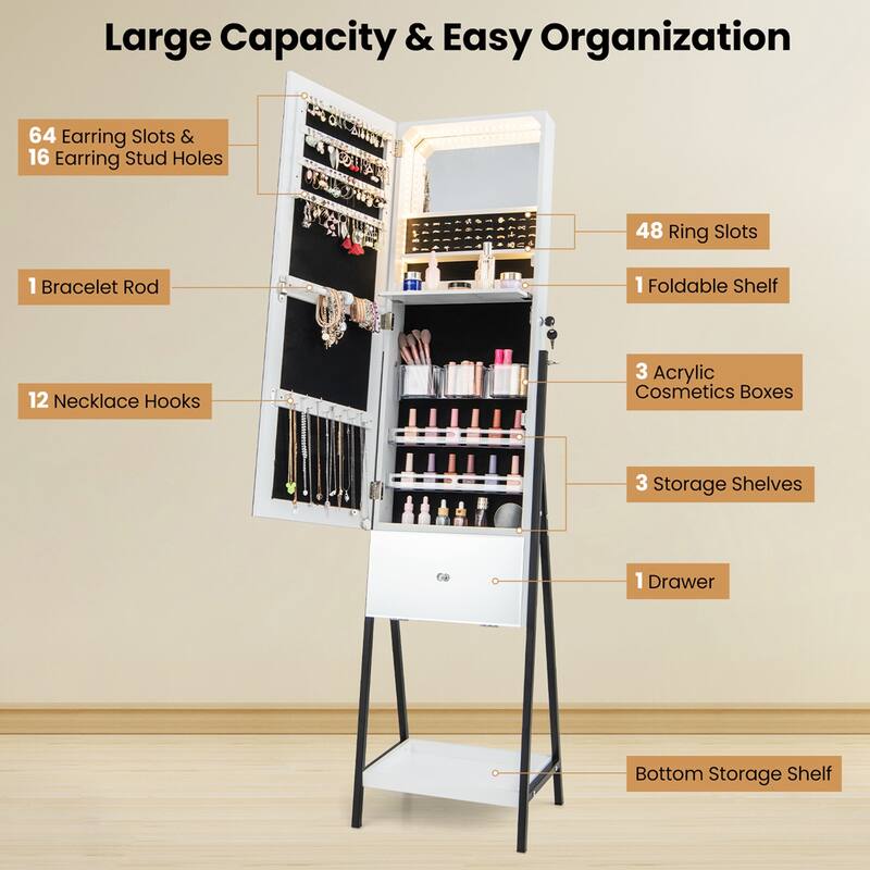 Costway Jewelry Cabinet Armoire Full Length Mirror with 3 Color LED - See Details
