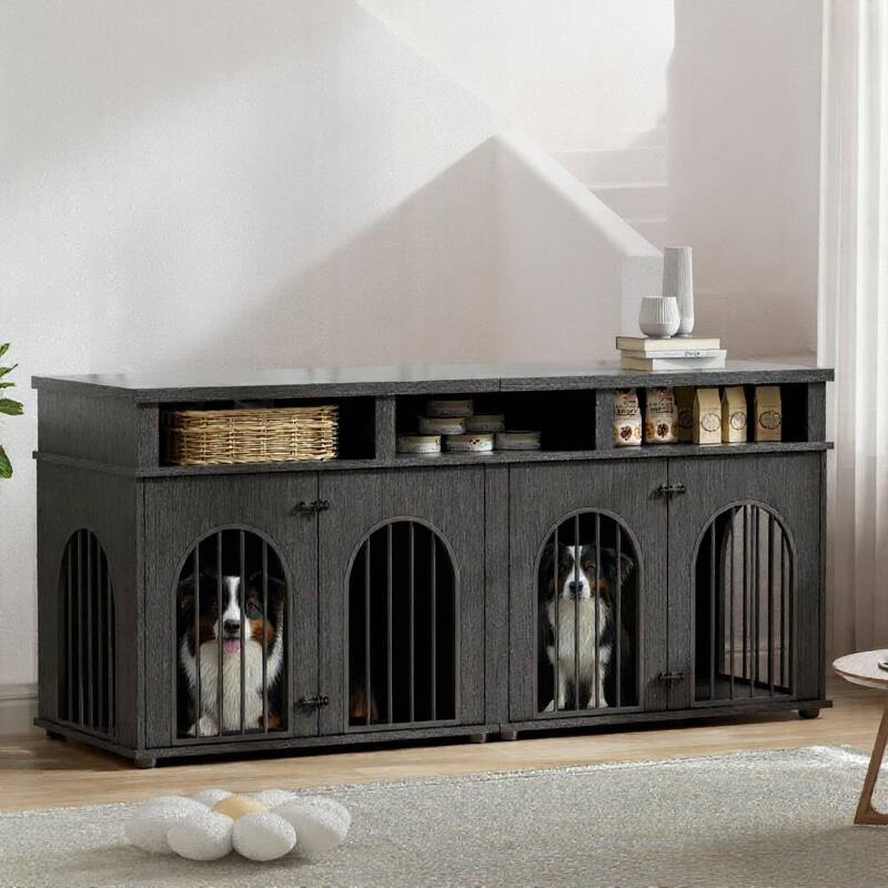 71" Double Dog Crate Furniture, with 3 Storage Shelves and 8 Adjustable Feet - Black