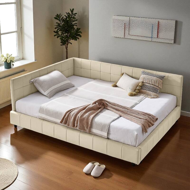 Full Size Velvet Upholstered Tufted Daybed Frame with Backrest and Armrest, Mid-Century Sofa Bed for Bedroom or Living Room