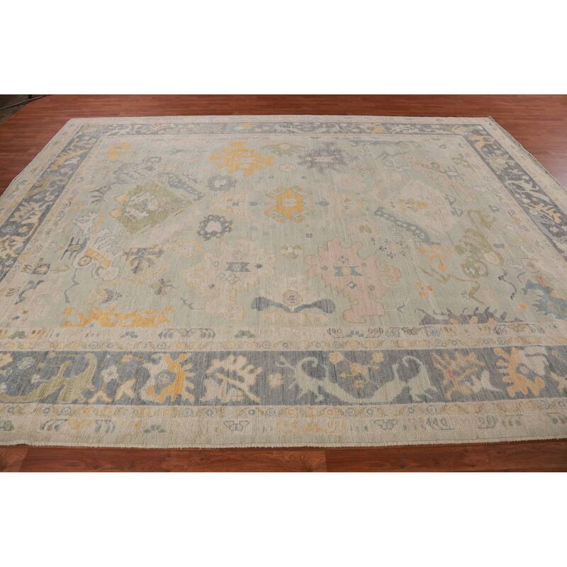Hand Knotted Oriental 100% Wool Carpet Transitional All-Over Green Oushak Area Rug - 12' 0'' X 9' 3''