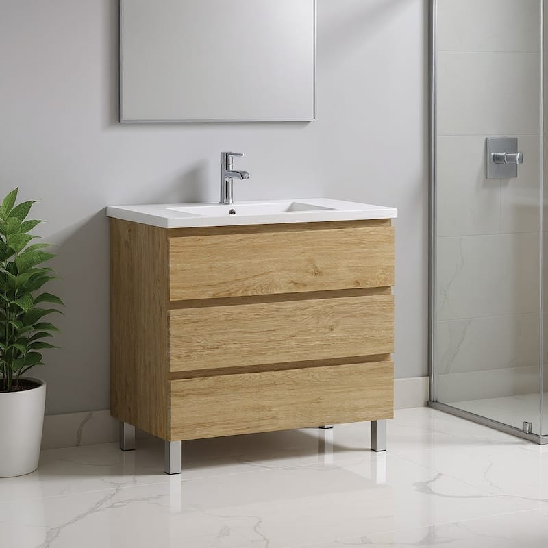 HomeRoots 32" Oak Wood Freestanding Bathroom Vanity With White Sink And Three Drawers - 32.00 in. x 39.06 in. x 17.88 in. - 32.00 in. x 39.06 in.  x 17.88 in. - Natural Finish - Oak