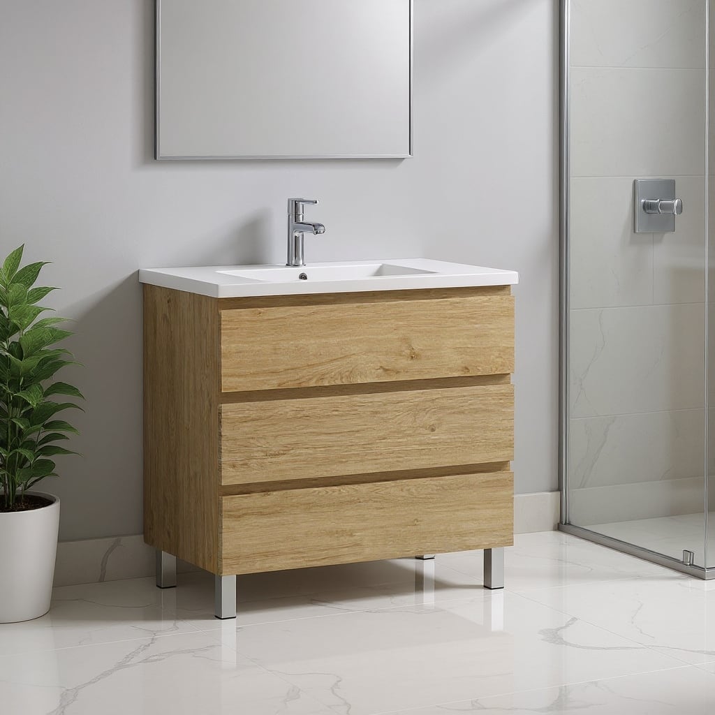 HomeRoots 32" Oak Wood Freestanding Bathroom Vanity With White Sink And Three Drawers - 32.00 in. x 39.06 in. x 17.88 in.