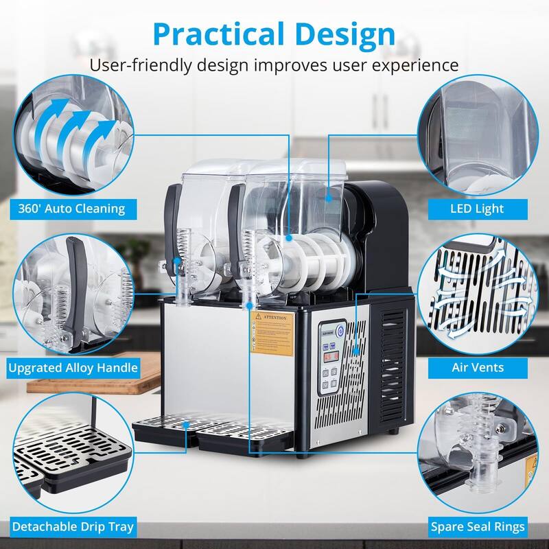 Commercial Slushy Machine, 4Lx2Tank, Self-Cleaning, for Frozen Drinks, Snow Melting
