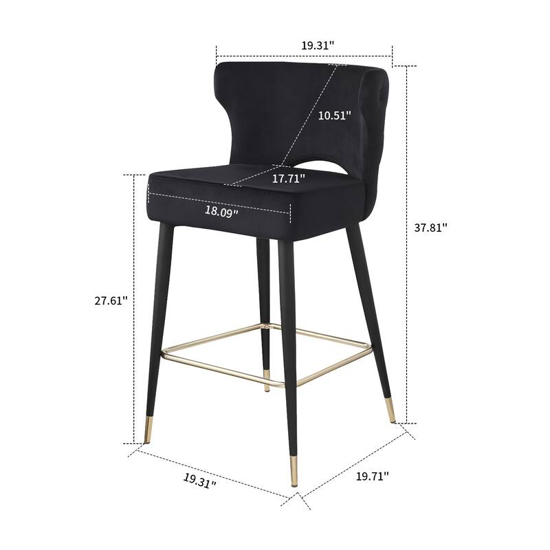 Mid-Century Modern Velvet Upholstered Barstools with Black Metal Legs