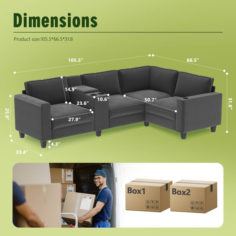 106" L-Shaped 4-Seater Corduroy Sectional - Console Armrests with USB Charging & Reversible Sides