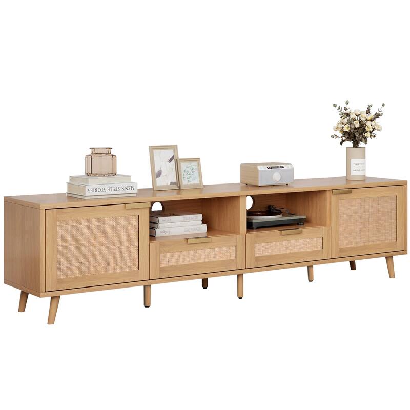 79" Rattan TV Stand for Living Room, Holds TVs Up to 85" - Farmhouse Media Console with Storage Cabinets & Open Shelves