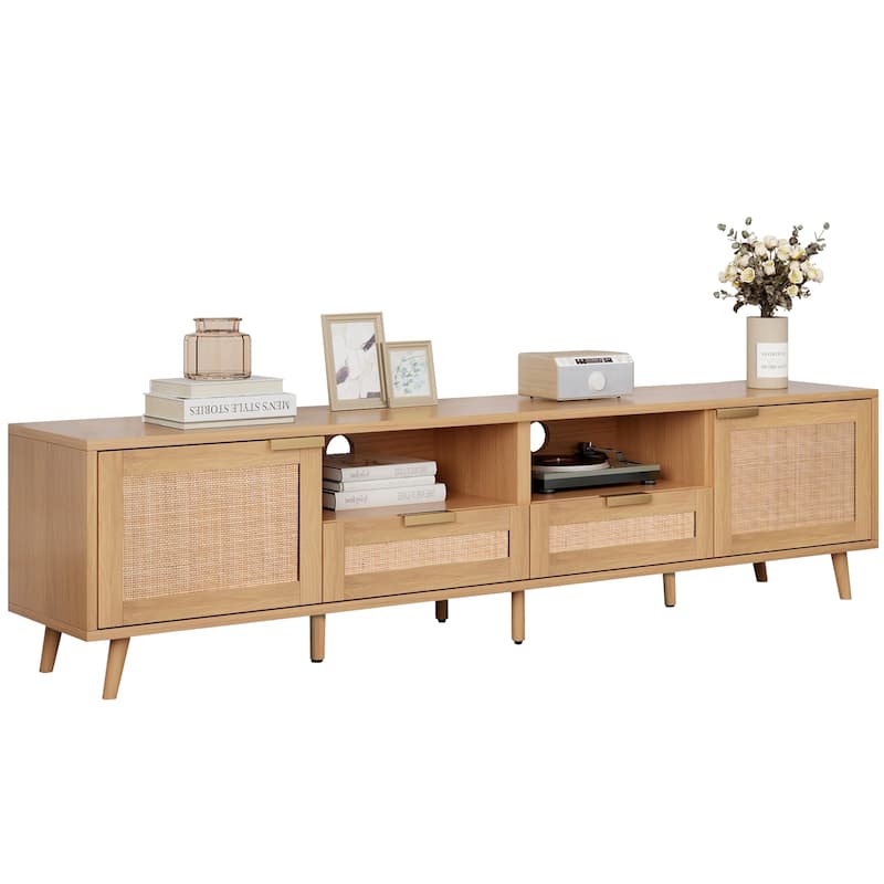 Rattan TV Stand for 85" TVs, Media Console with Solid Wood Legs, Spacious Storage, Cable Management