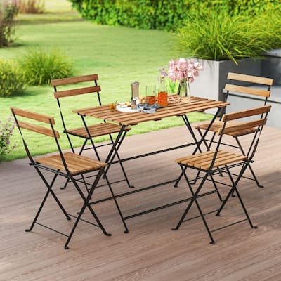 Gymax 5 PCS Patio Acacia Wood Dining Set w/ 4 Folding Chairs Slatted