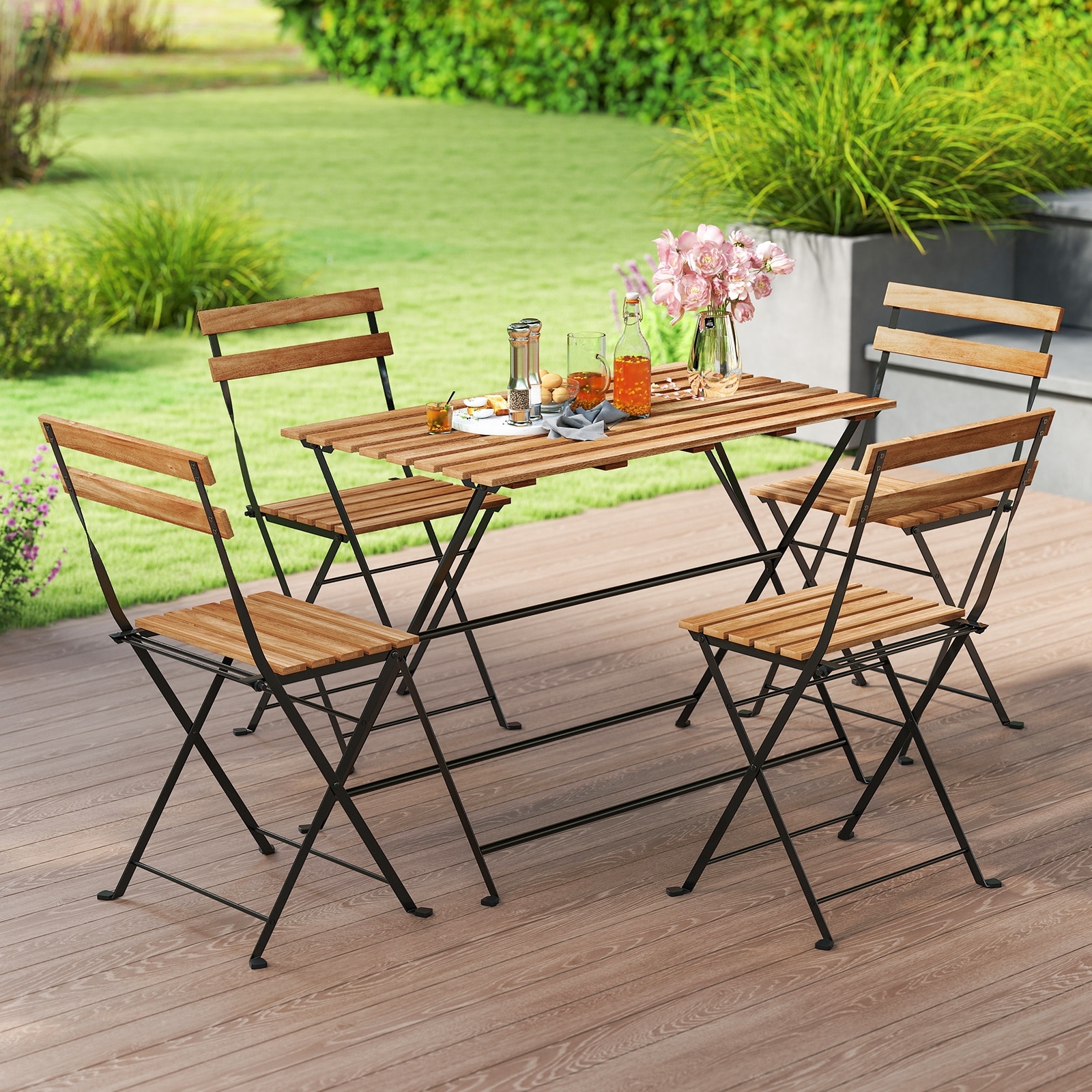 Gymax 5 PCS Patio Acacia Wood Dining Set w/ 4 Folding Chairs Slatted