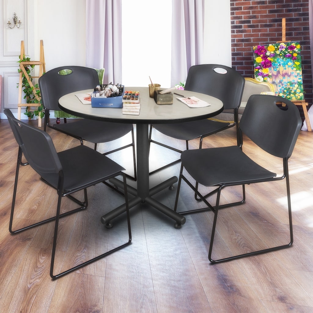 48 in. Round Breakroom Table- Maple & 4 Stack Chairs- Black