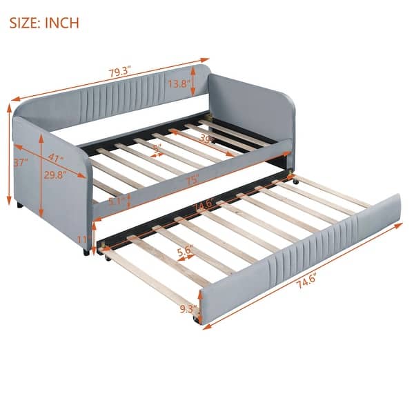 dimension image slide 0 of 3, Upholstered Sofa Bed Frame Twin Size Daybed w/ Pull-out Twin Size Bed