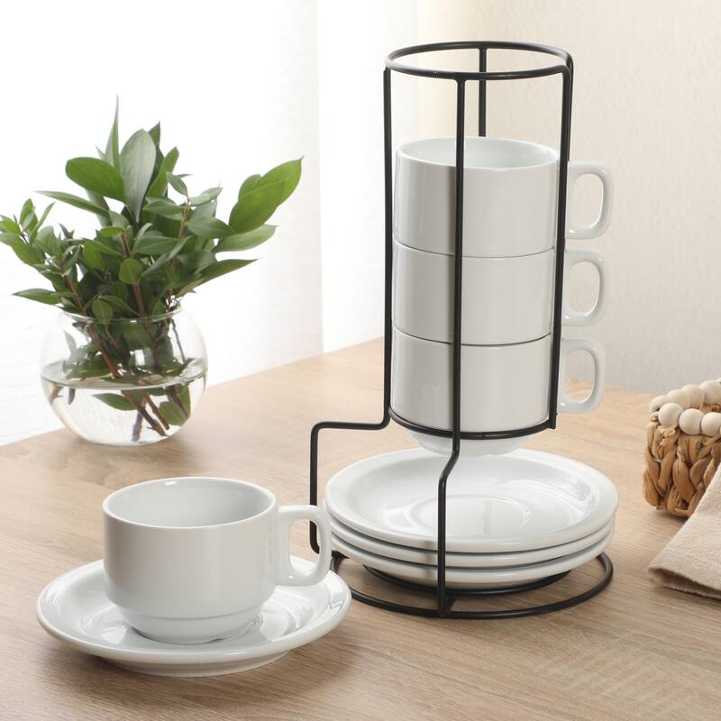 Gibson Home Gracious Dining Cups and Saucers Set of 4, Stackable Coffee Set with Metal Stand for Espresso and Cuppuccino