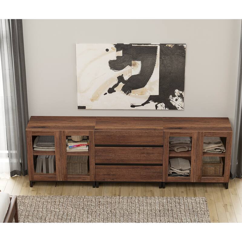 WAMPAT 3 in 1 Modern Dresser with Glass Doors and 3 Drawers, Chest of Drawers for Bedroom