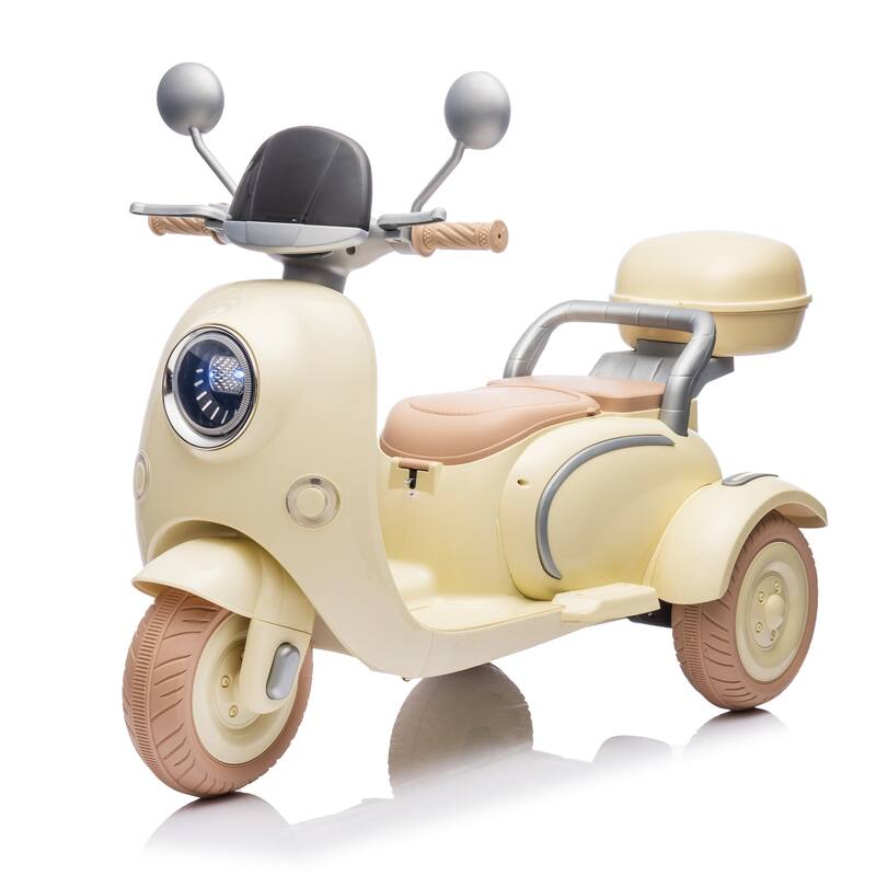 12V Ride-On Two-Seater Motorcycle for Kids, Three-Wheel Design, USB, Bluetooth, Adult Seat Flip, and Storage for Ages 3-6.