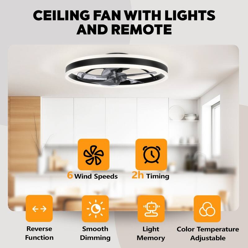 20 in. LED Indoor Black Low Profile Flush Mount Ceiling Fan with Light Remote Control for Bedroom, Small Room
