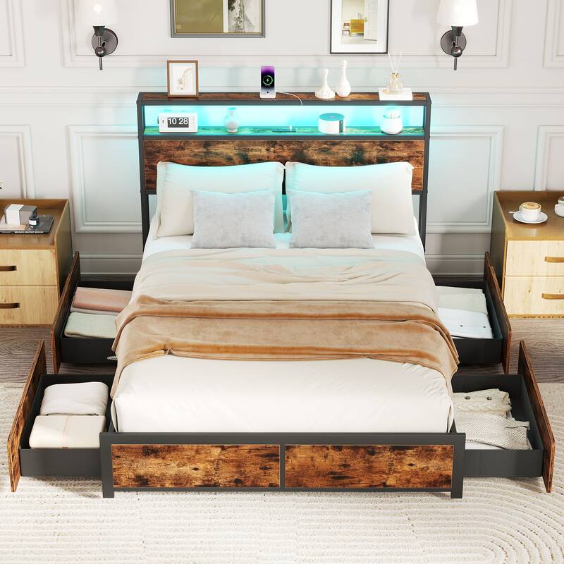 Gymax Full Size LED Bed Frame w/2-Tier Storage Headboard & 4 Drawers