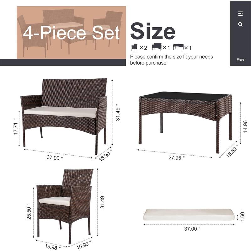 Futzca 4 Pieces Rattan Chair Set Outdoor Patio Furniture Set